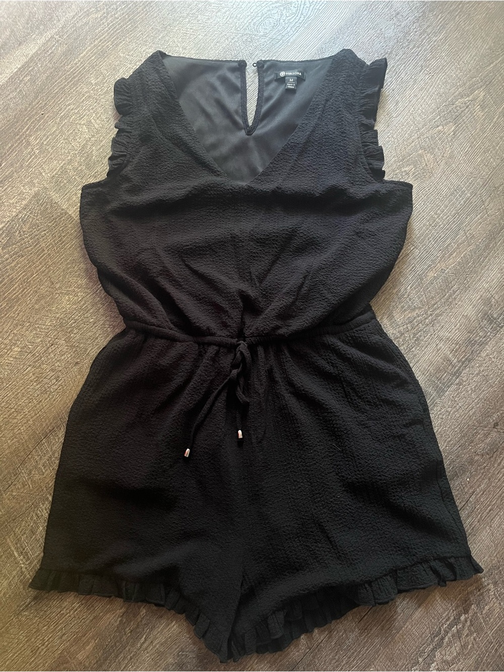 Versona Black Textured V-Neck Romper with Ruffle Detail